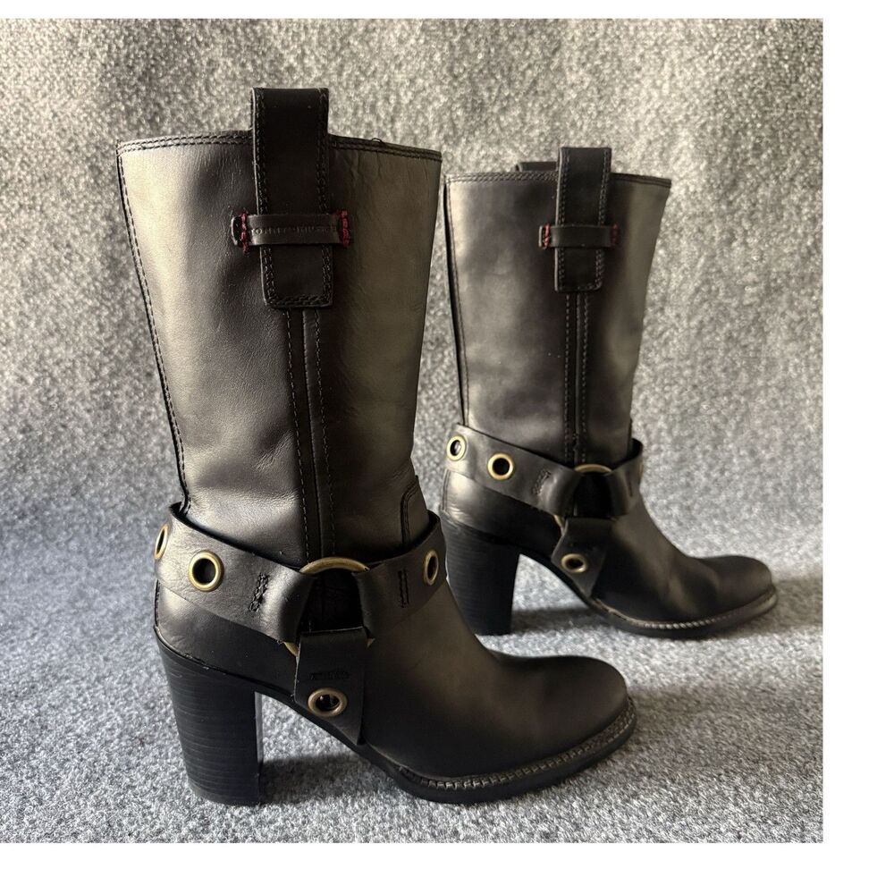 Y2K Tommy Hilfiger Harness Grommet Boots 7 M Black Leather Mid-Calf Pull On Goth